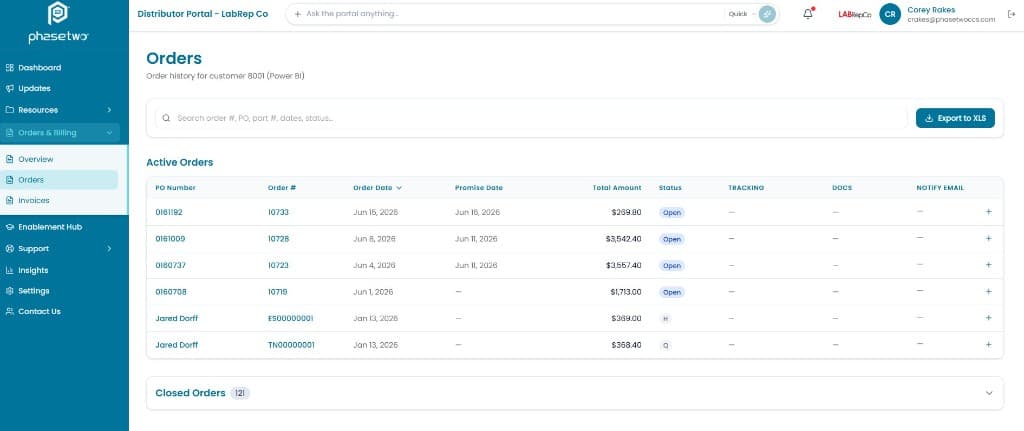 Distributor portal order history synced live from the ERP