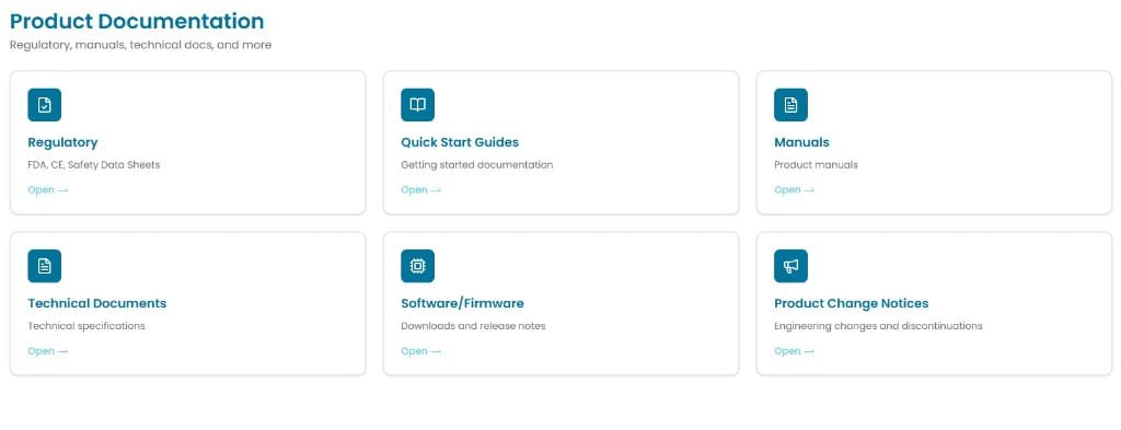 Product documentation library with regulatory, manuals, and technical docs